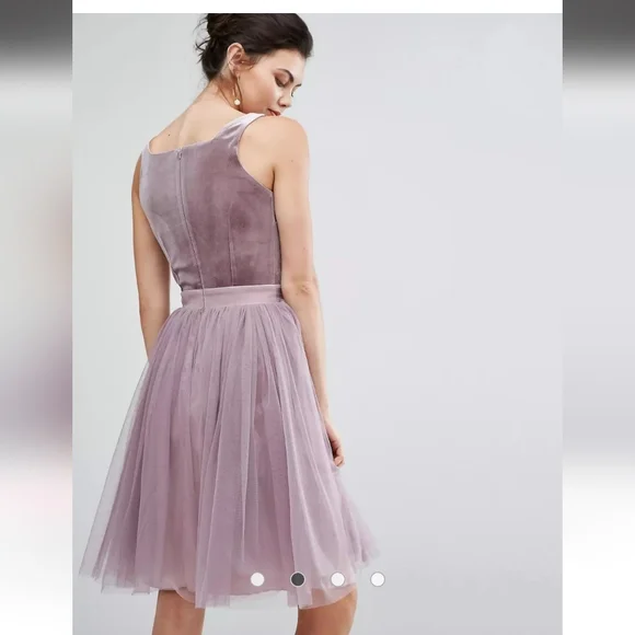 Little Mistress Tall Velvet Top Mini Skater Dress With Tulle Skirt - Picture 4 of 7